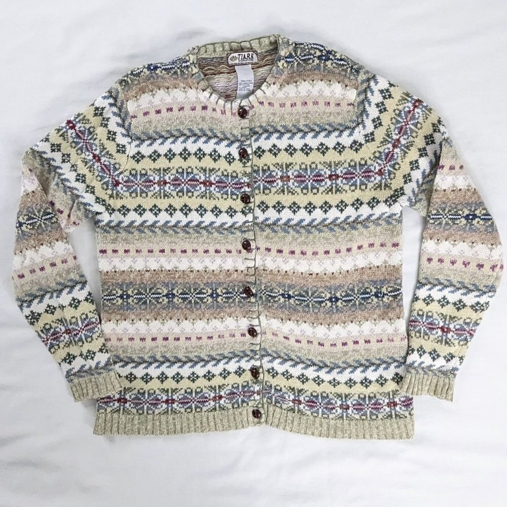 VTG Green White Knit Fair Isle Noric Button Up Chunky Knit Sweater Academia